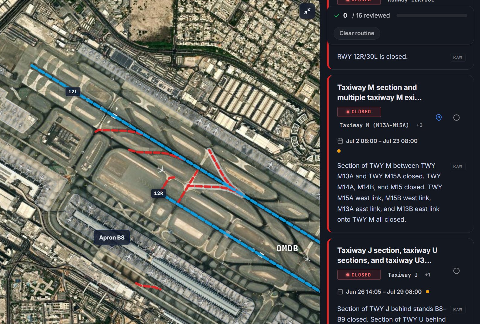 OMDB Dubai in SmartNOTAM: closed taxiway sections painted in red dashes on the satellite diagram between runways 12L and 12R, and plain-English NOTAM cards alongside — closure dates, affected taxiway links, and raw NOTAM a tap away.